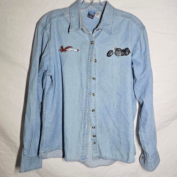 Vintage 90s y2k airplane motorcycle embroidered button down denim top - Picture 1 of 4